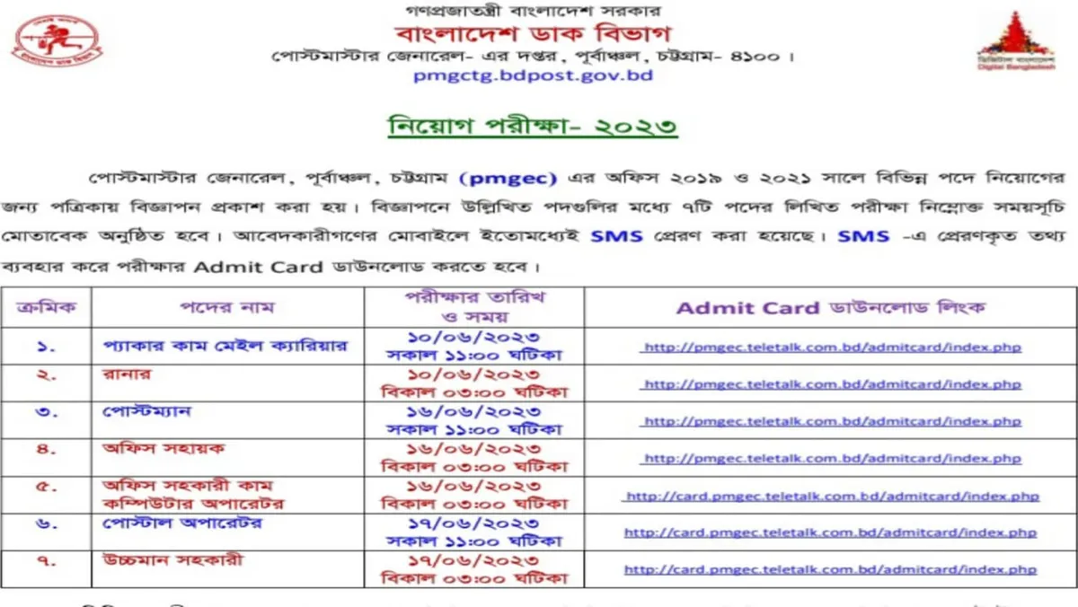 ডাক অধিদপ্তর নিয়োগ পরীক্ষা ২০২৩ সময়সূচী